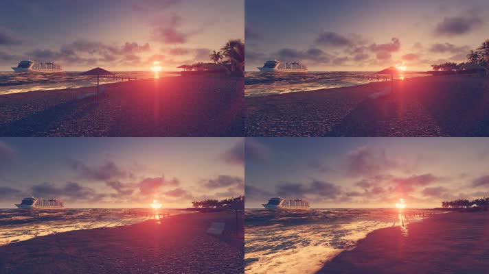 夕阳 沙滩 海浪 游轮 