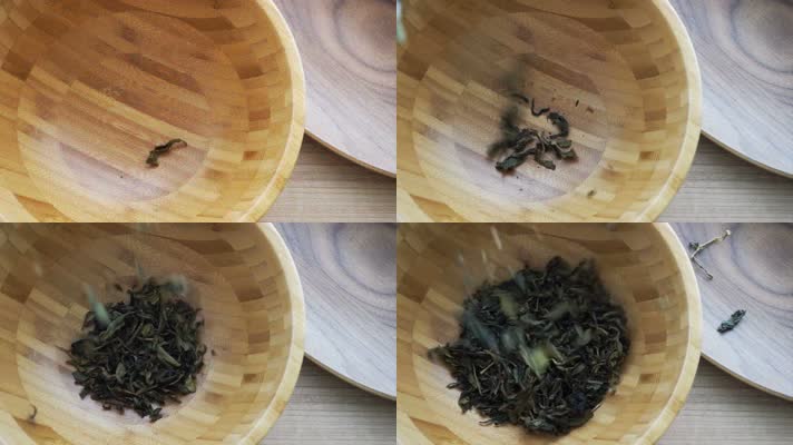 茶叶掉入木碗中 特写镜头 