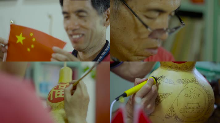 爱国情怀老艺人烫画葫芦