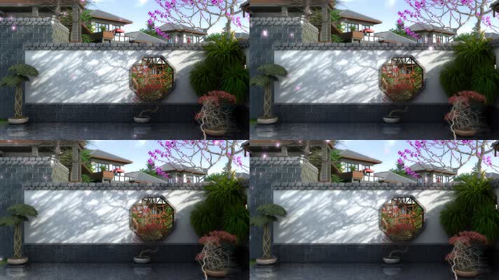 三维 场景 虚拟 中式 院落 水池 飘花