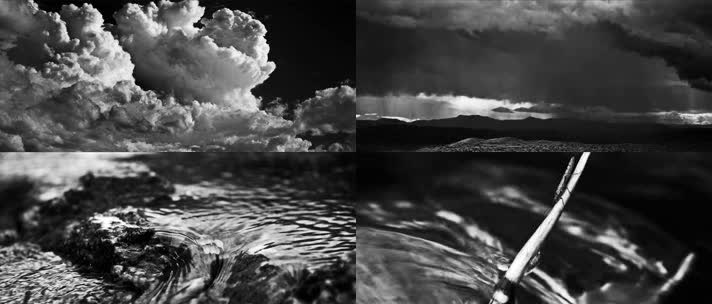黑白摄影，云雾缭绕，高山流水