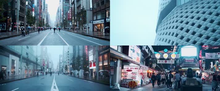 日本街道，下雨雨伞，行人马路