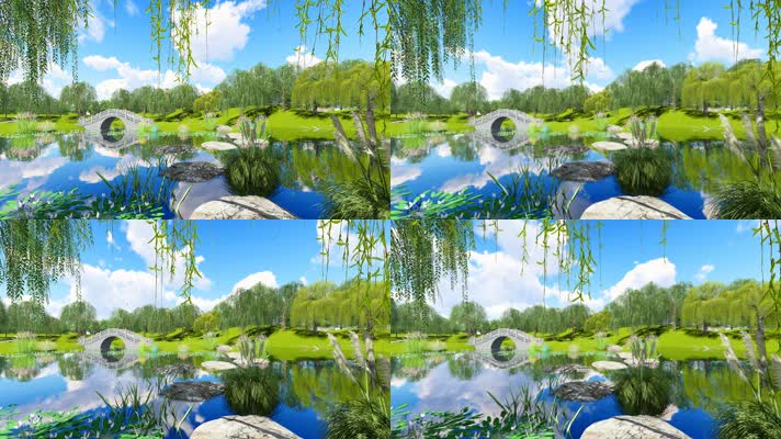 柳树池塘石桥三维动画-3