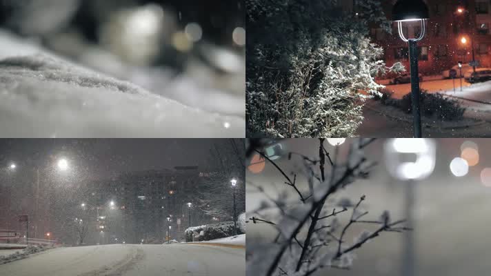 城市雪景，街灯路灯，飘雪