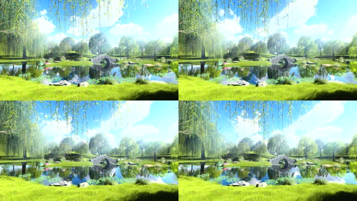柳树池塘石桥三维动画-2