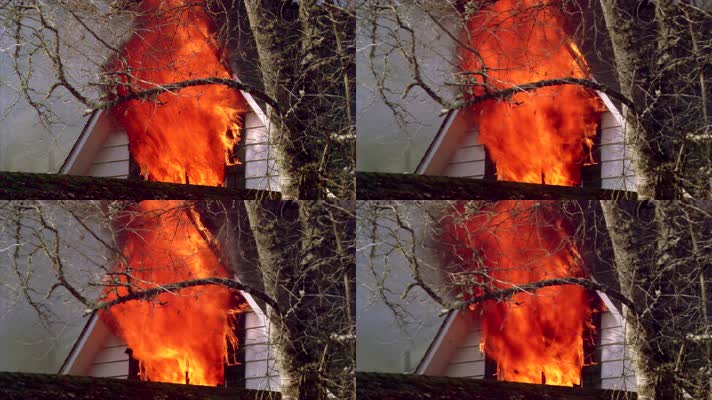 房子着火现场从窗户冒火近距离实拍4K视频