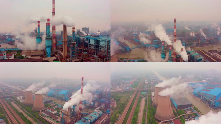 4K航拍工业空气污染化工厂钢铁厂烟囱冒烟