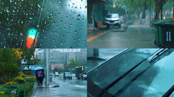 【4k原创】超长下雨天的街道行人汽车积水