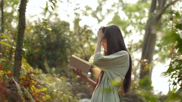 原创女孩森林夕阳看书宁静美好