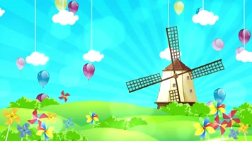 4K卡通蓝天白云气球风车