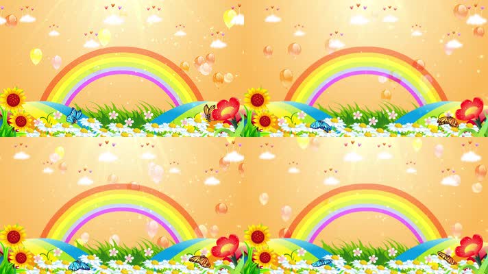 4K梦幻卡通桃心云朵彩虹气球蝴蝶