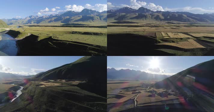 4K航拍德格藏区藏寨村庄麦田高山河流夕阳