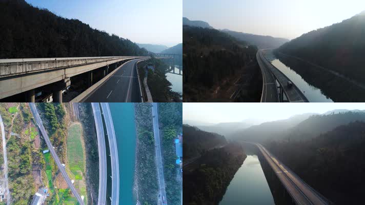 4K航拍巴陕高速3高架桥河流青山绿水夕阳