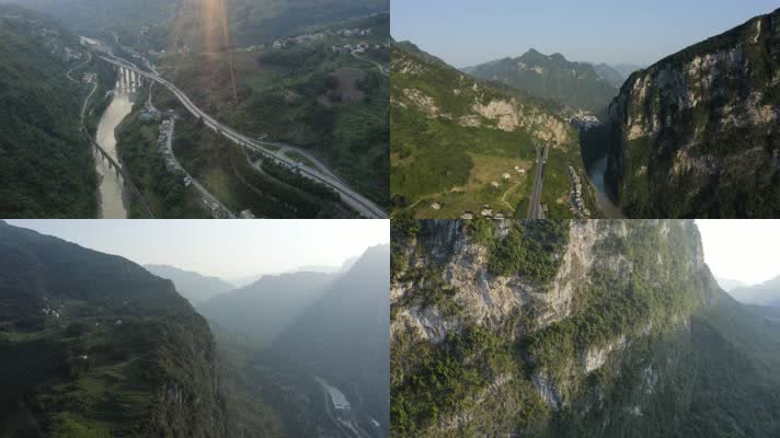 4K航拍云南豆沙关高速山间峡谷河流山顶人