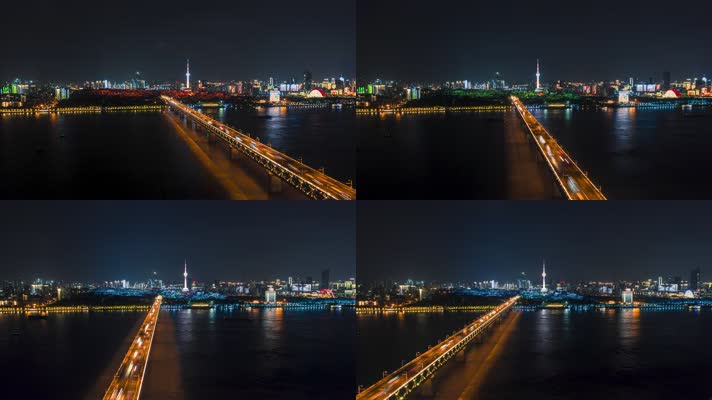 6K航拍武汉长江大桥夜景大范围延时