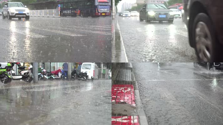 城市街头暴雨车辆驶过溅起水花