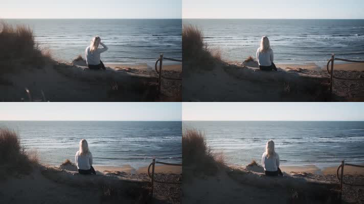 【4K】外国美女背影海边静坐看风景