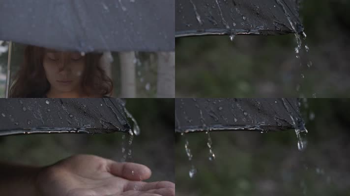 4K唯美下雨、雨中打伞人、雨滴落在雨伞