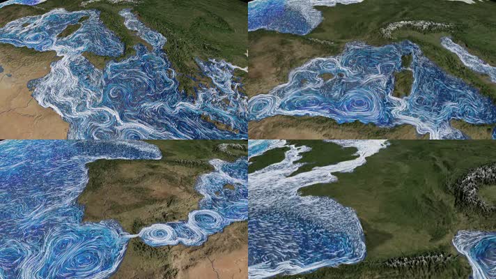 3D地中海和大西洋周围洋流流动