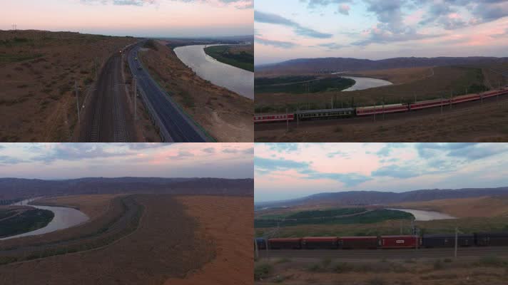航拍  西北沙土中的火车铁路线
