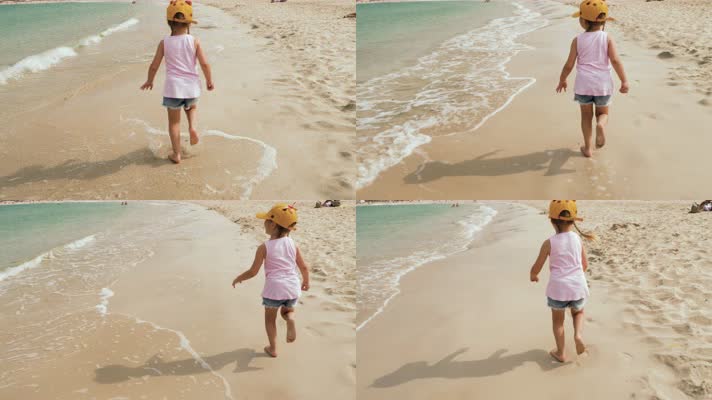 海边儿童，儿童沙滩海滩海边玩耍奔跑背影
