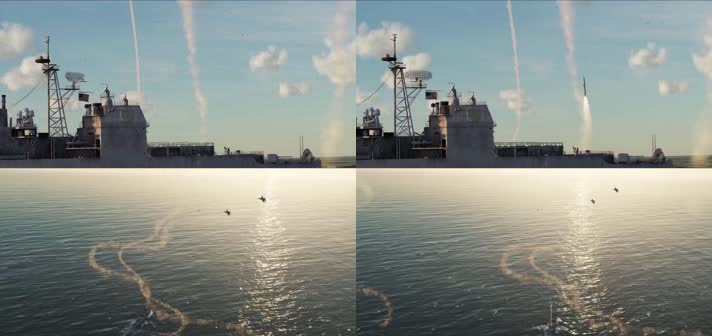 战争动画，军舰垂直发射巡航导弹防空导弹