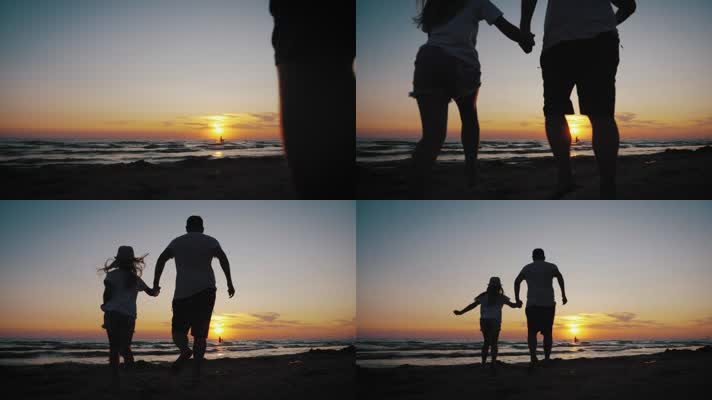 海边奔跑，父女牵手奔向阳光