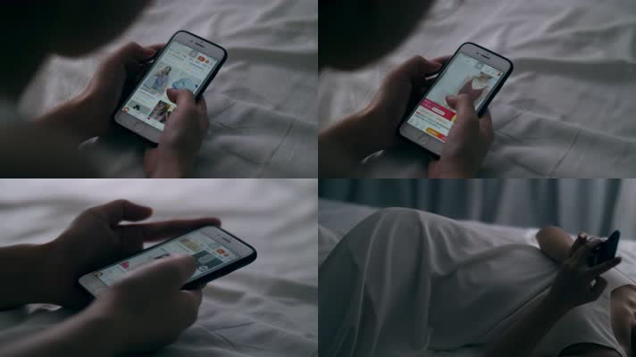美女晚上躺在床上玩手机逛淘宝4k