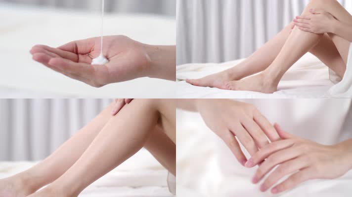 美女护肤擦护肤品，美腿护理4k视频素材