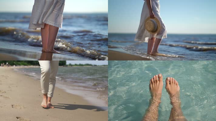 海边沙滩行走漫步嬉戏泡脚背影视频