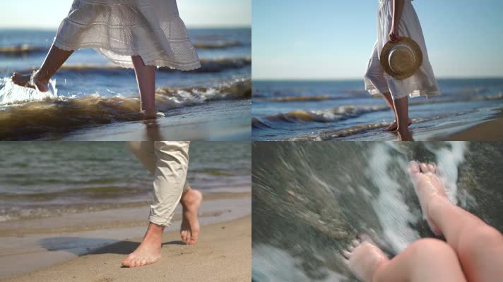 海边沙滩行走漫步嬉戏泡脚背影视频2