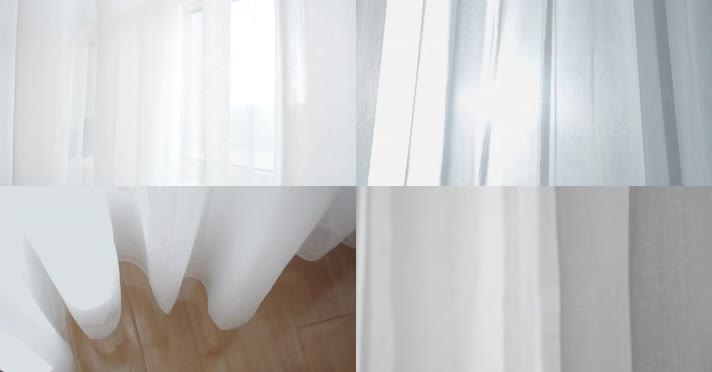 4K阳光照进白纱帘、阳台窗帘随风飘动