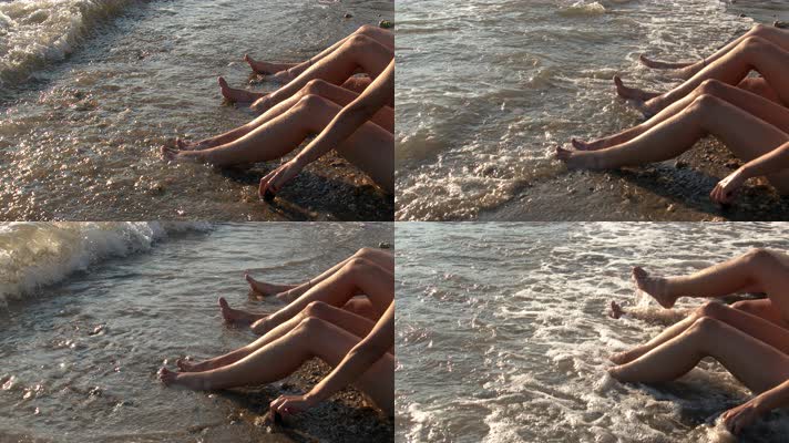 美女海边度假，美女闺蜜玩水踏浪欢乐快乐