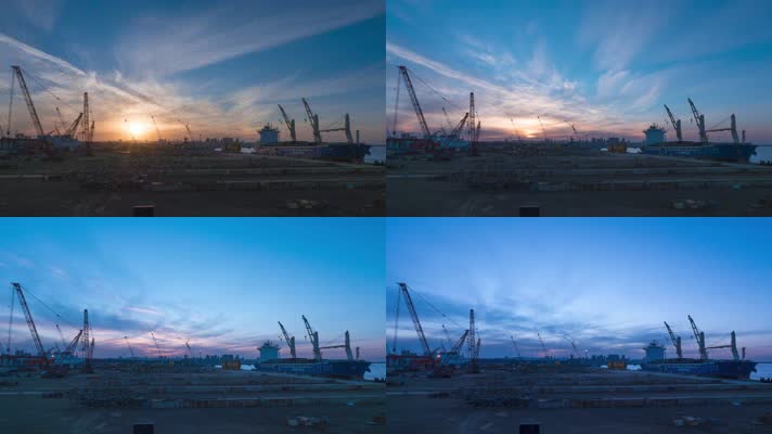 大气码头港口机械延时摄影日落