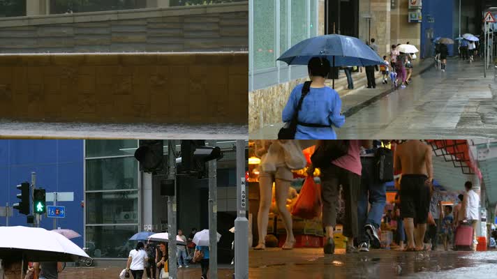 街边雨景,行人打伞,行走