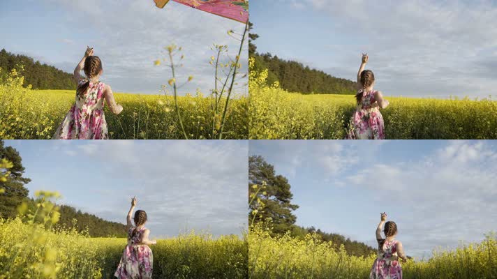 小女孩放风筝，儿童田野奔跑