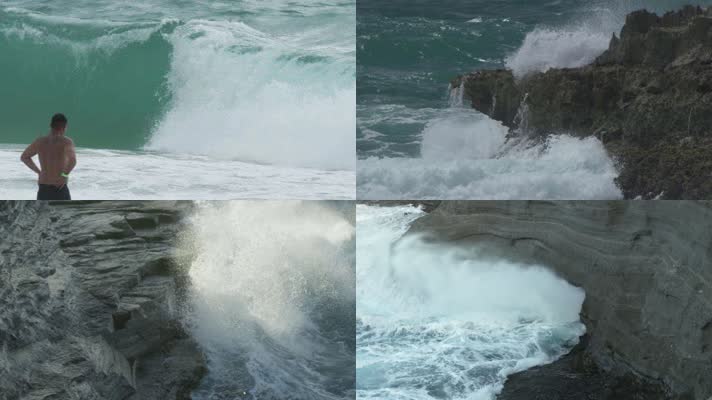 海边巨浪，大海海浪，拍打岩石