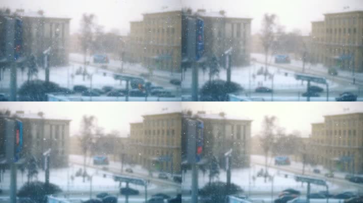 城市雪景，窗外下雪，唯美朦胧