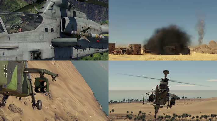 战争动画，武装直升机，攻击地面目标