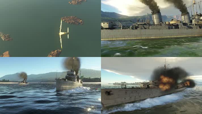 战争动画，军舰舰队，海战击沉