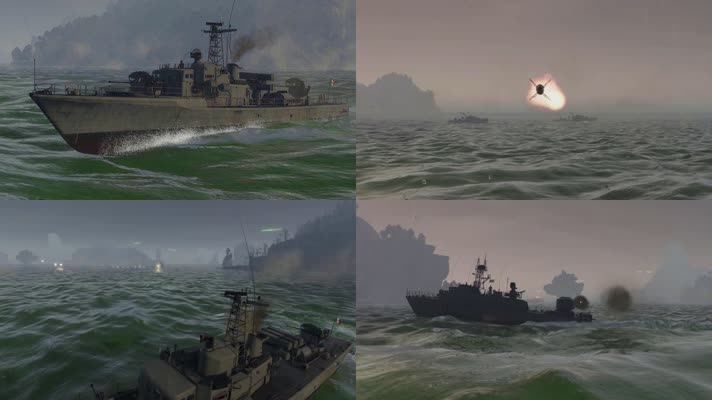 战争动画，军舰舰队，海战击沉