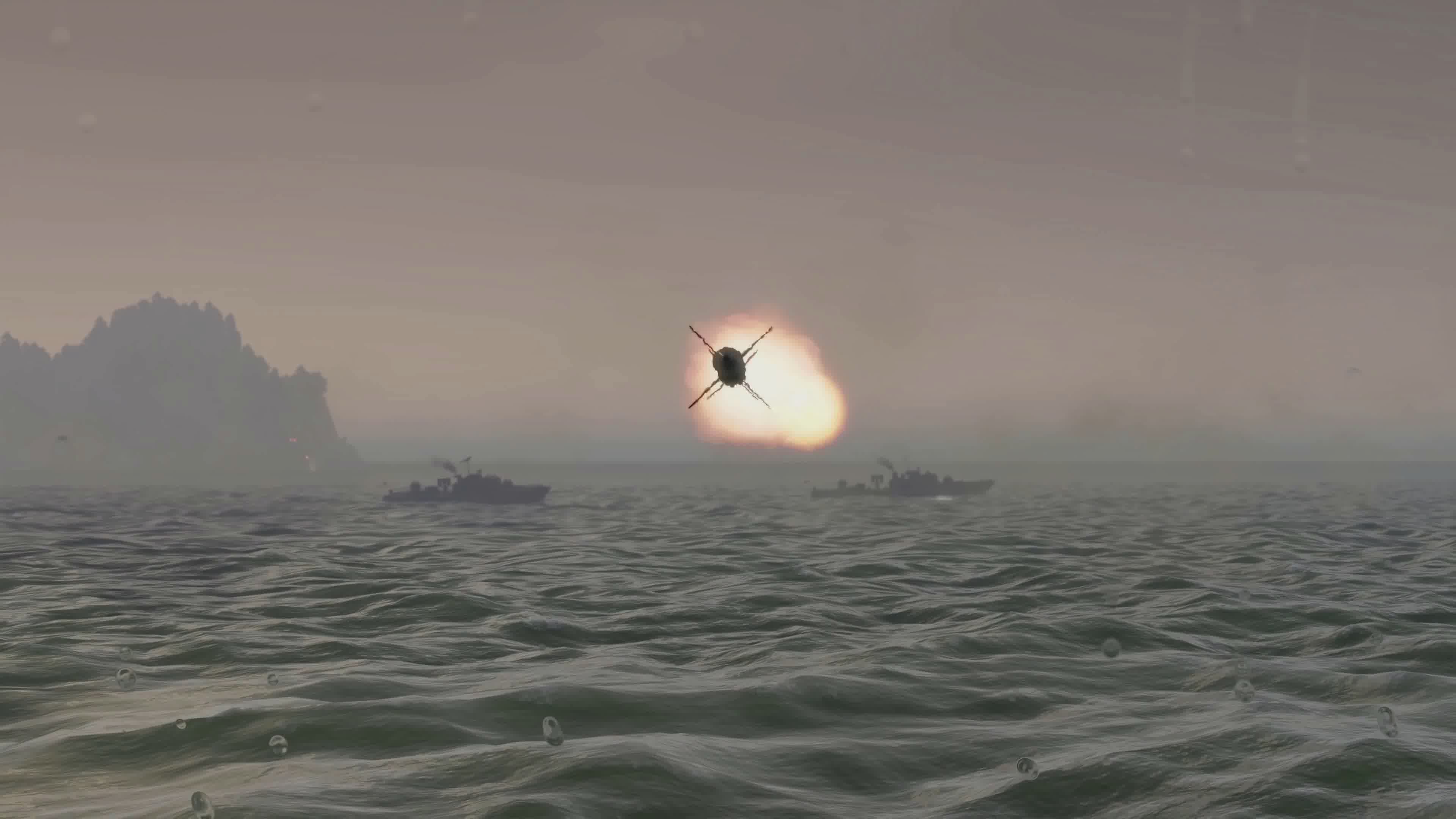 战争动画，军舰舰队，海战击沉