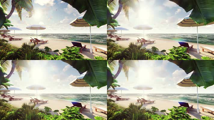 阳光沙滩，躺椅遮阳伞，3d动画