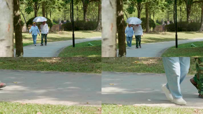 原创慢动作两个老人在公园散步一组