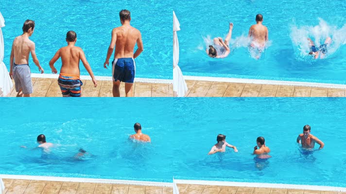 清凉夏日游泳池，翻跟斗入池