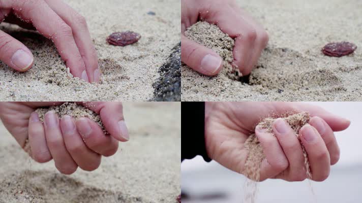 海边手抓起沙子，文艺抒情，手沙子特写