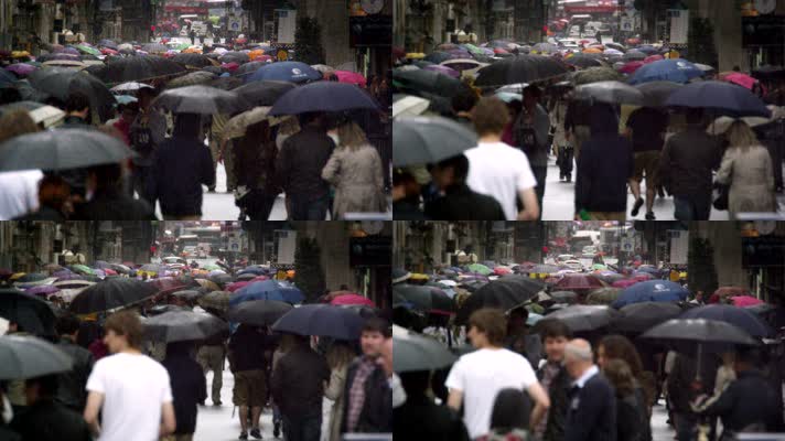 城市雨景，行人路人，雨伞街道