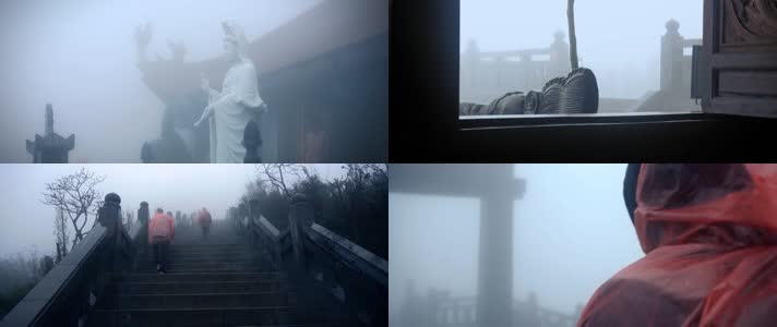雾雨蒙蒙的中国古宅楼阁行人穿着雨衣