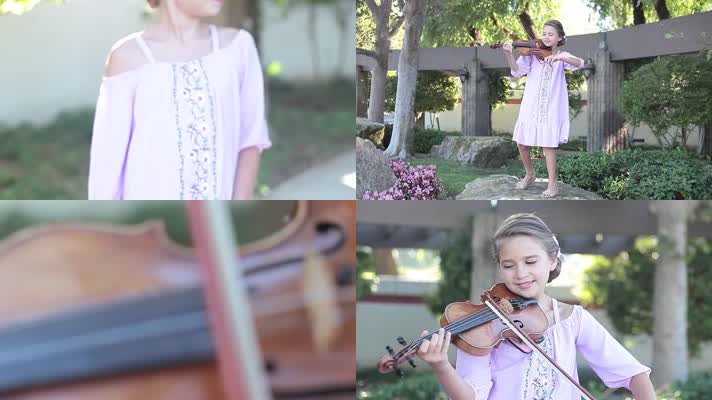 可爱女孩，花园拉小提琴