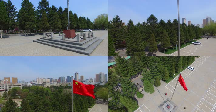 五星红旗飘扬航拍中国国旗大学城市